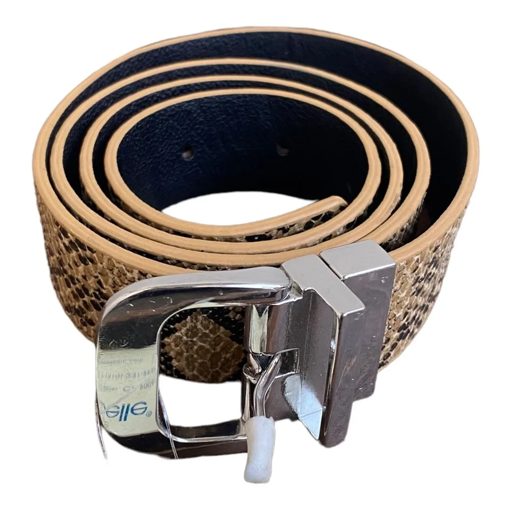 Linea Pelle Brown Black Reptile Snake Print‎ Silver Square Buckle Faux Belt